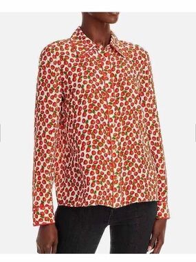 NWT Alice + Olivia Red Strawberry-Print Button-Up Blouse on White - XS 100% silk